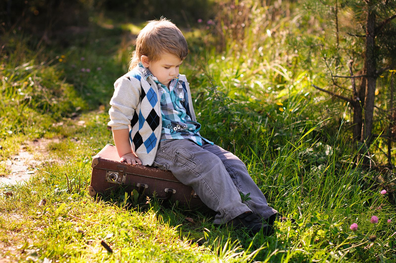 Enfant pensif assis sur une valise dans un champ ensoleillé
